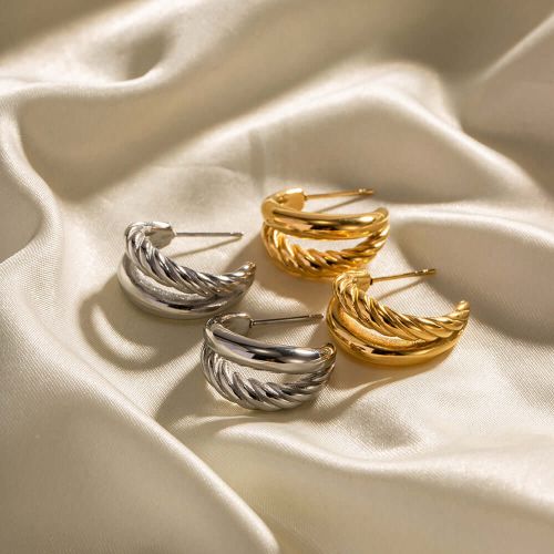 18K Gold Plated Double Layered Twisted C Hoop Earrings | JDE311