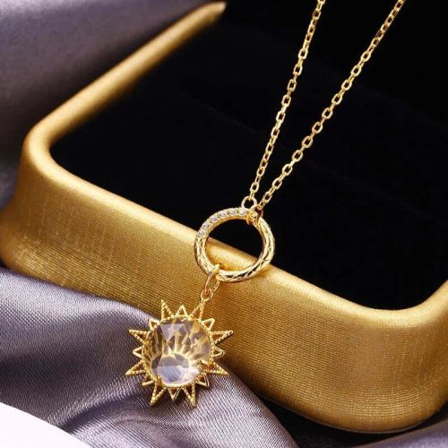 14K Gold Clear Quartz Sunburst Necklace | TB1475