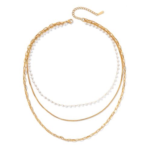 18K Gold 3 Layer Multi Chain Necklace with Pearl | JDN20667