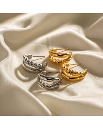 18K Gold Plated Double Layered Twisted C Hoop Earrings | JDE311